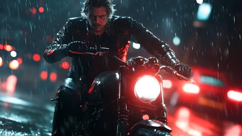 Motorcyclist drives through nocturnal rain with cinematic red bokeh