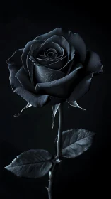 Black Rose with Stem Against Dark Background.