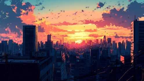 Neon-lit city skyline glows under a vivid sunset sky.