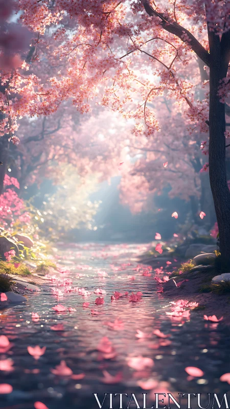 Cherry blossom trees frame shallow stream under soft light