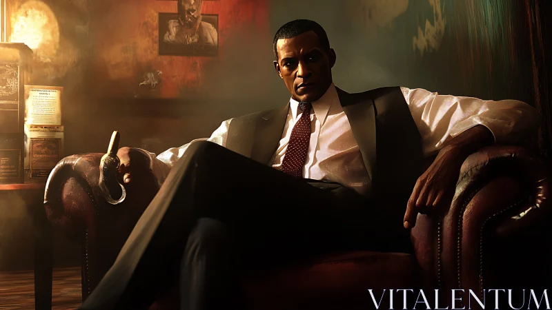 Smoldering mob boss dominates leather armchair tableau.