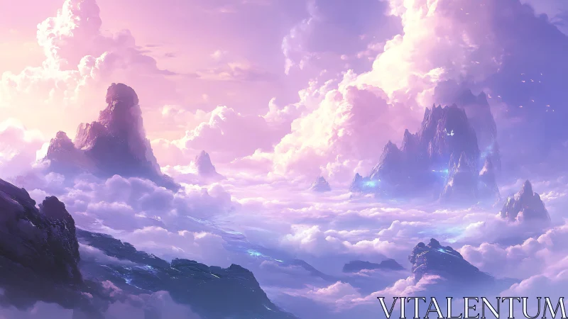 Dreamy pastel mountains rise gently above luminous clouds