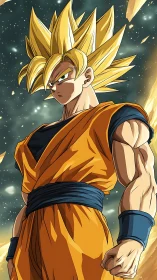 Spiky-haired anime warrior stands amid glowing cosmic debris.