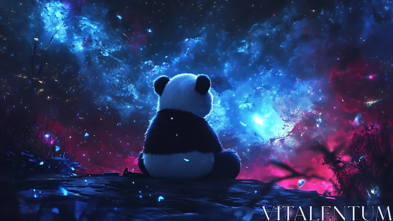 Panda silhouette sits before luminous nebula-like sky field
