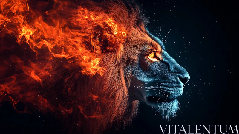 Solar-maned lion burning forward through cosmic night.