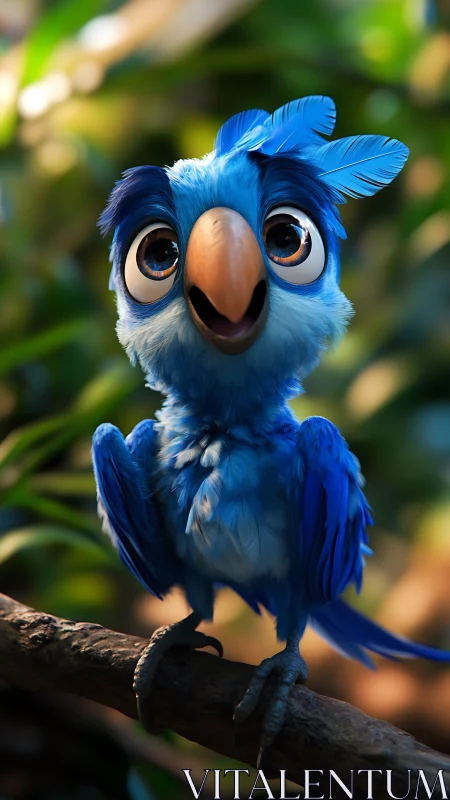 Blue cartoon parrot perches on branch in lush jungle light