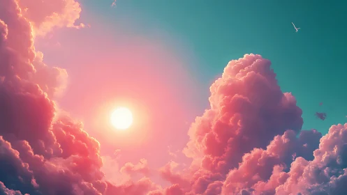 Sunlit sky with dense pink clouds and distant bird form.