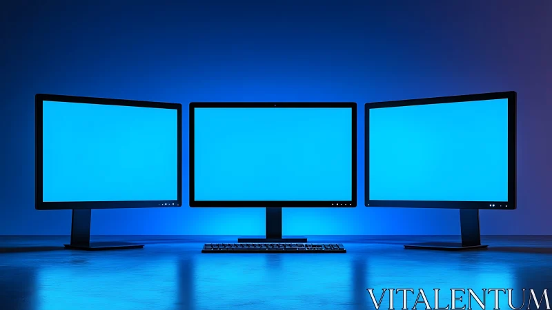 Calm triple monitor desk glowing in soft blue light.