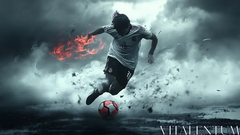 Soccer player sprinting through smoke with flaming arm effect.
