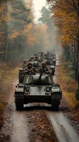Armored convoy advancing through misty autumn forest road.