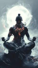 Fiery meditative warrior glowing within swirling moonlit mist.