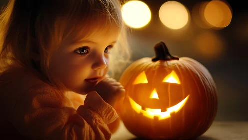 Child gazes at glowing jack-o-lantern pumpkin.