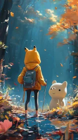 Forest wanderer meets a gentle bear friend at sunrise.