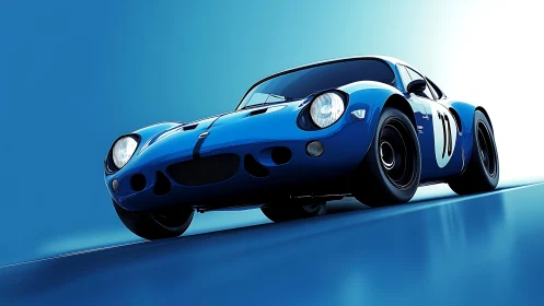 Low-angle render isolates blue vintage race car in motion