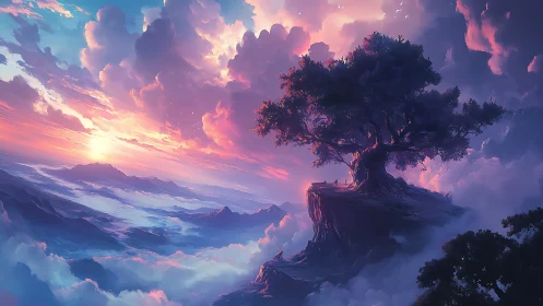 Lone tree on clouded cliff under vivid sunset sky.