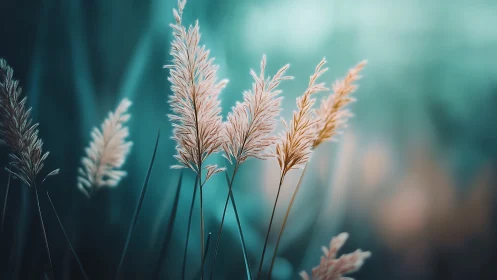 Soft golden reeds swaying gently in a tranquil teal breeze.