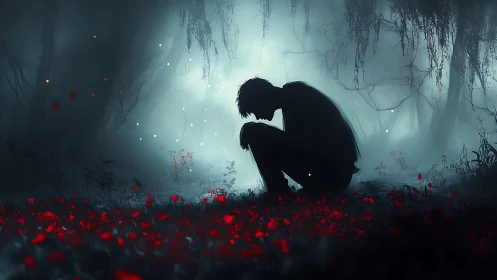 Mist-drowned forest cradles a kneeling shadow in scarlet bloom