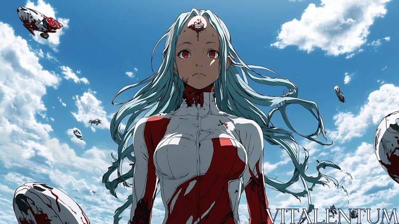 Cyborg pilot in bloodstained exosuit under dynamic cloudscape sky