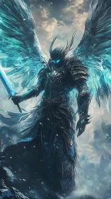 Armored ice angel warrior stands amid swirling frozen storm