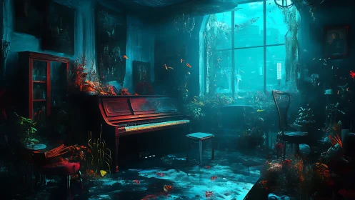 Haunting underwater piano room glows in eerie cyan light