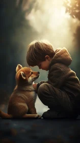 Child and Dog Moment in Golden Woodland Light.