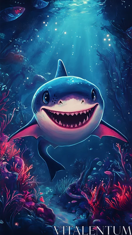 Cartoon shark rendered in luminous coral reef with volumetric light
