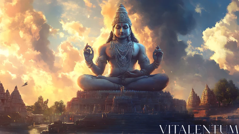 Sky-bathed stone deity quietly crowns a glowing temple city