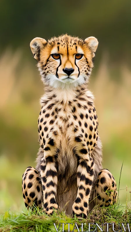 Juvenile cheetah sitting upright on grassland foreground.