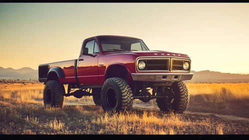 Lifted red vintage pickup truck in dry open grassland at dusk.