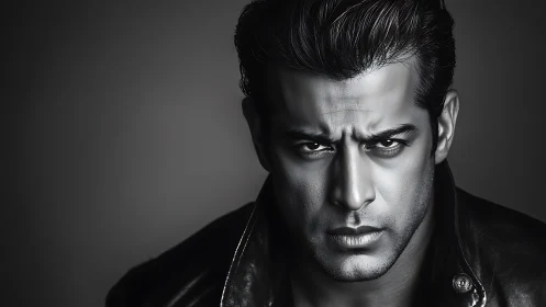 Monochrome male portrait with intense gaze and leather jacket