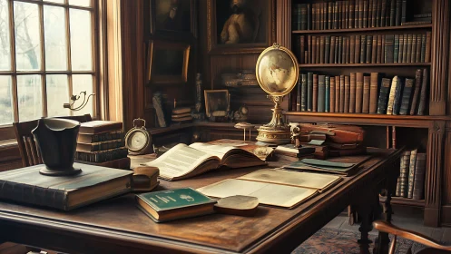 Warmly lit antique study desk with globe, books, manuscripts