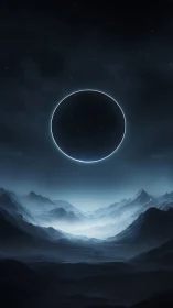 Luminous eclipse ring over misty alien mountain valley.