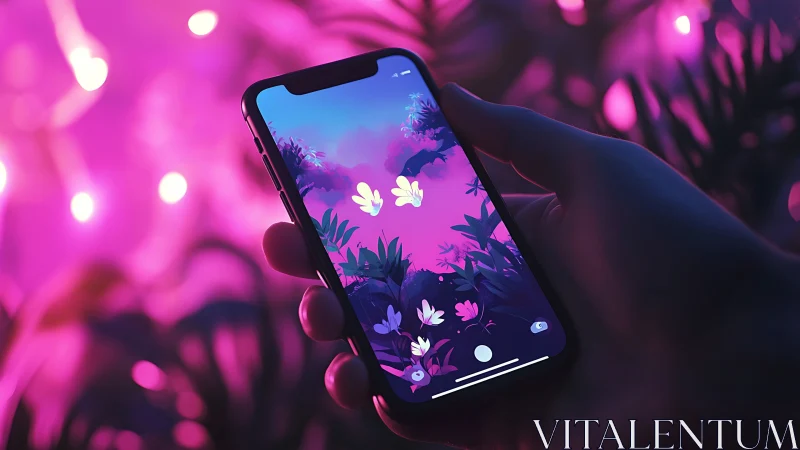 Neon mobile screen with dreamy purple forest artwork.