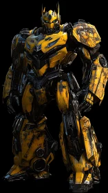 Battle-worn yellow combat mech in cinematic 3D render.