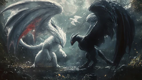 White and black dragons face off in misty forest arena
