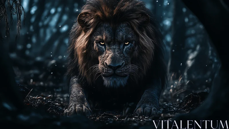 Male lion in low light forest setting, forward posture.