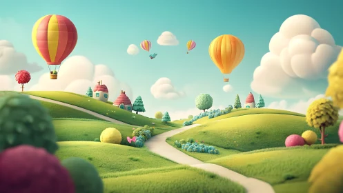 Playful hot air balloons drift over whimsical green hills