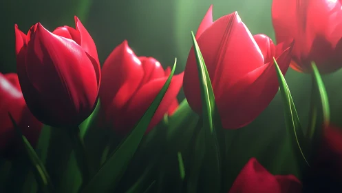 Red tulips backlit against soft green background.