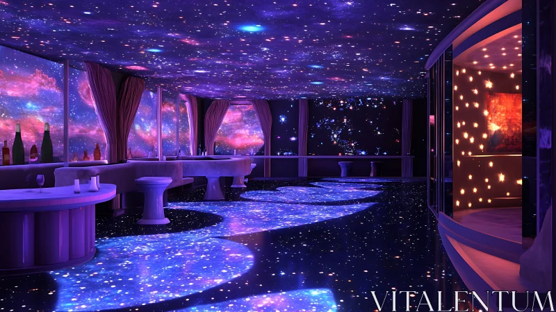 Futuristic bar interior with panoramic galaxy projections.