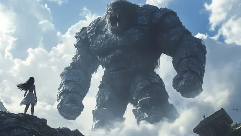 Colossal stone titan confronting lone woman amid clouds.