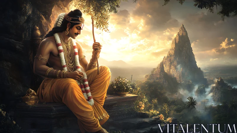 Mythic archer studies bow amid atmospheric temple mountain vista