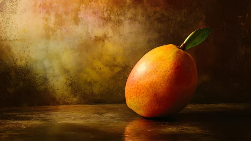Golden mango still life against textured warm backdrop.