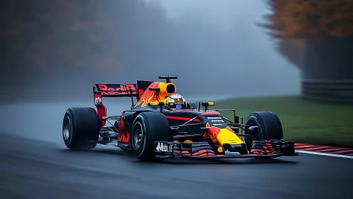 Formula One car on misty circuit, Red Bull livery, high speed