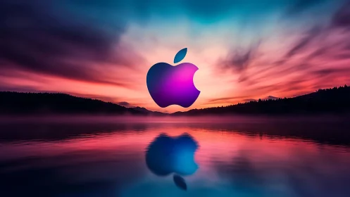 Gradient logo over neon dusk lake with reflective symmetry.