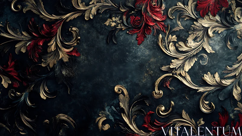 Baroque floral scrolls frame a dark, moody backdrop elegantly.