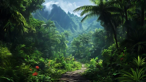 Jungle Valley Path Through Verdant Mountains.