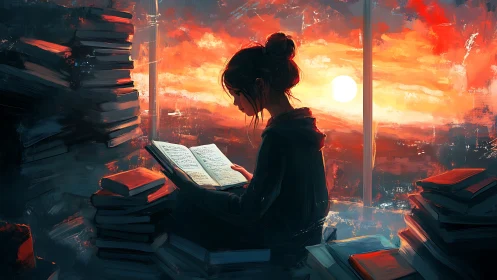 Sunset reader adrift in a sea of softly burning books.
