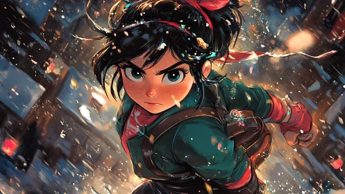 Storm-eyed street rogue racing through ember bright snowfall.