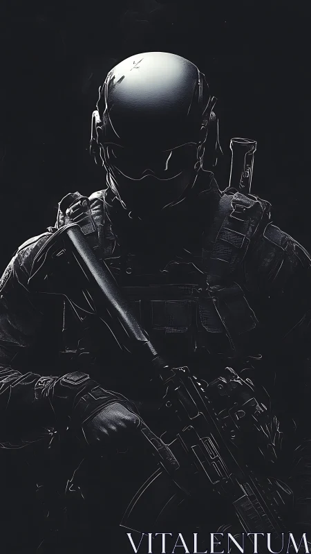 Silent chrome sentinel poised in the shadows of war.