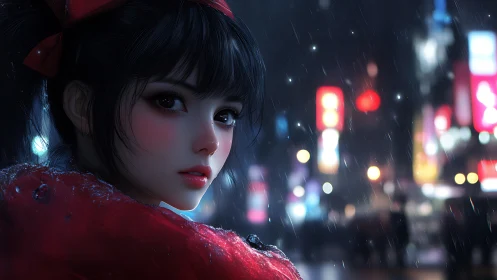 Rain-soaked anime girl in neon-lit urban night portrait
